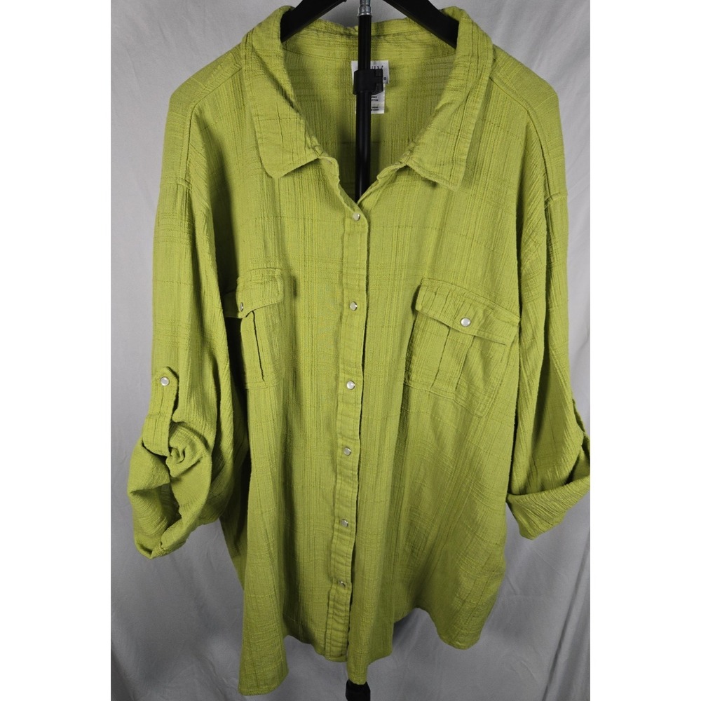 Lime Green 100% Cotton Gauze Button Up Textured Top Sz 4X Layering Coastal Beach